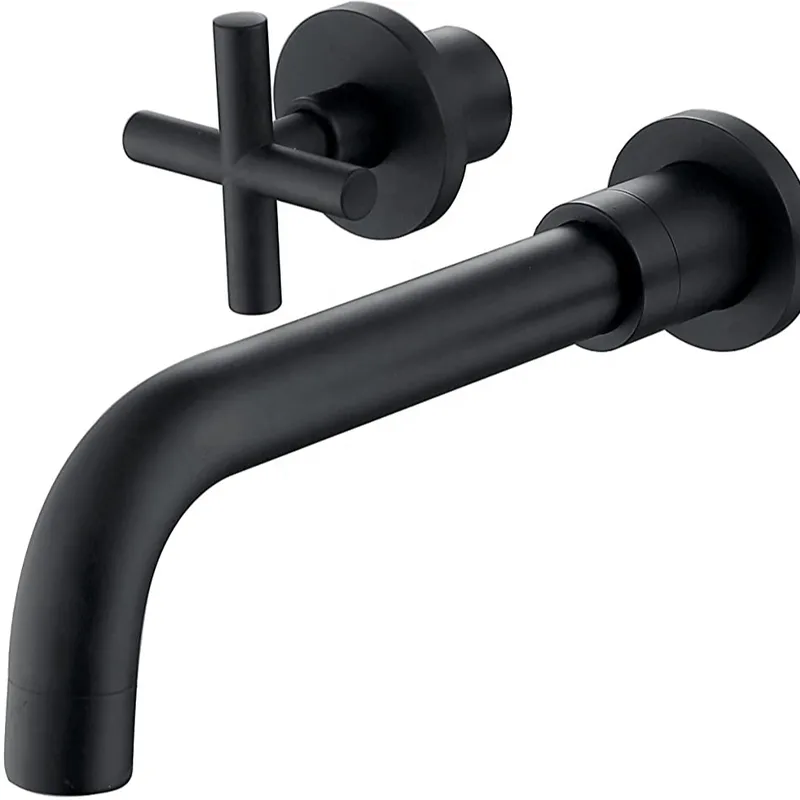 Matte Black Wall-Mounted Basin Mixer with Cross Handles and Concealed Valve – photo 3
