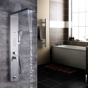 Brushed Shower Panel with Rain Head, Body Jets and Hand Shower