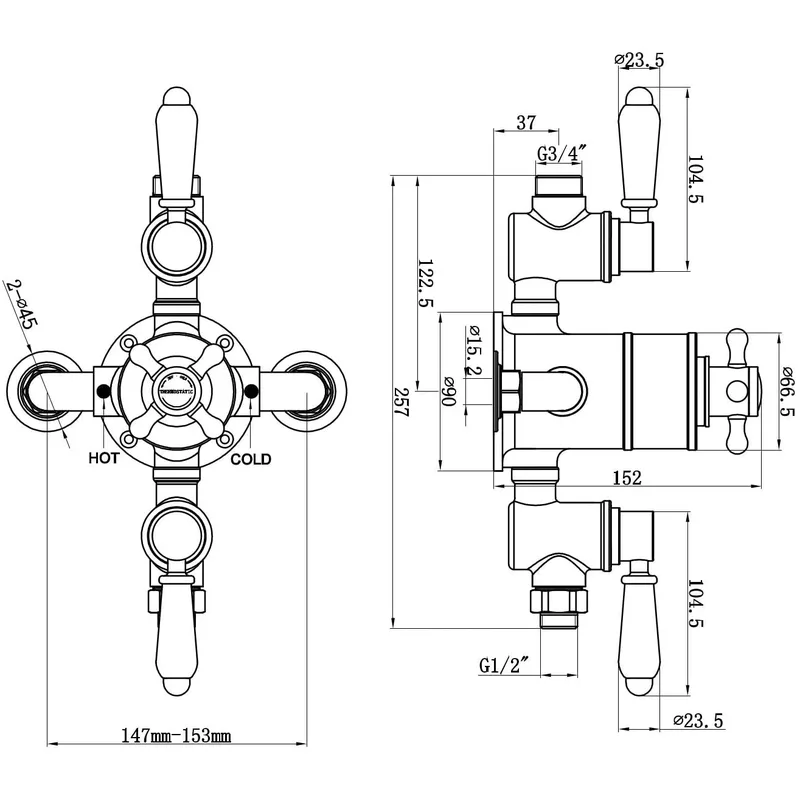 Traditional Gold Exposed Shower Valve with Black Lever and Cross Handle – photo 4