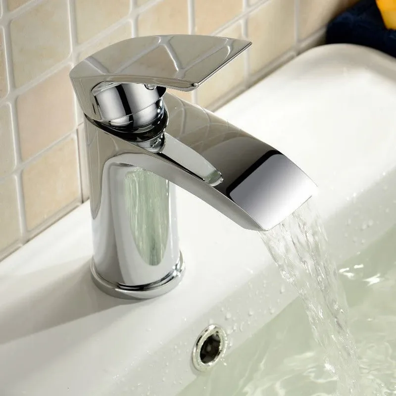 Chrome Waterfall Basin Mixer with Curved Lever