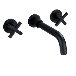 Matte Black Wall-Mounted Basin Mixer with Cross Handles
