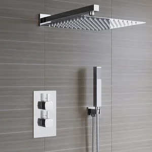 Chrome Concealed Shower with Square Rain Head, Hand Shower and Twin Valve