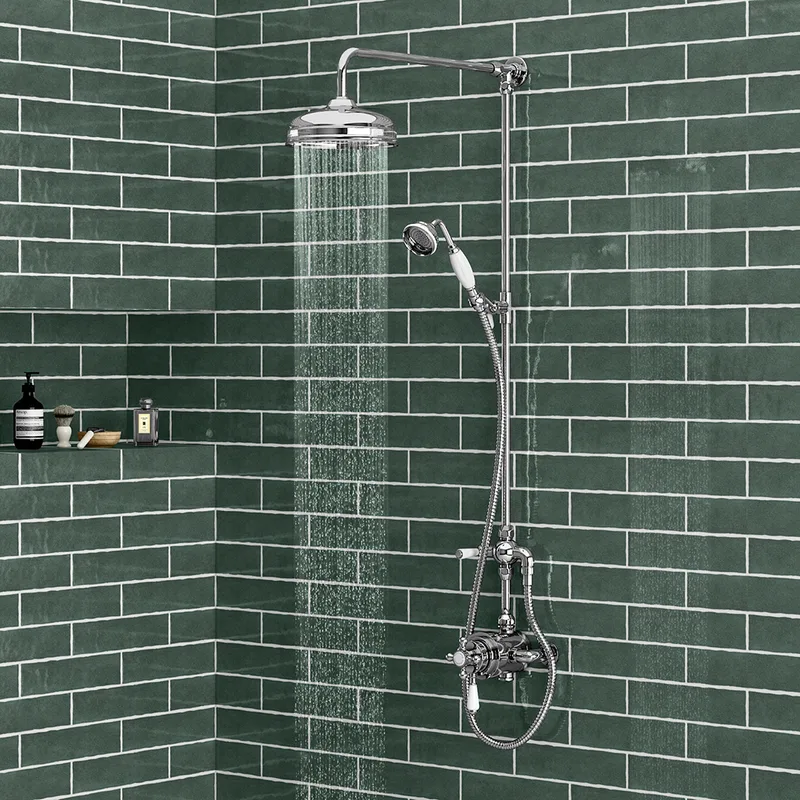 Traditional Chrome Rigid Riser Shower with Round Head and Handset – Exposed Valve