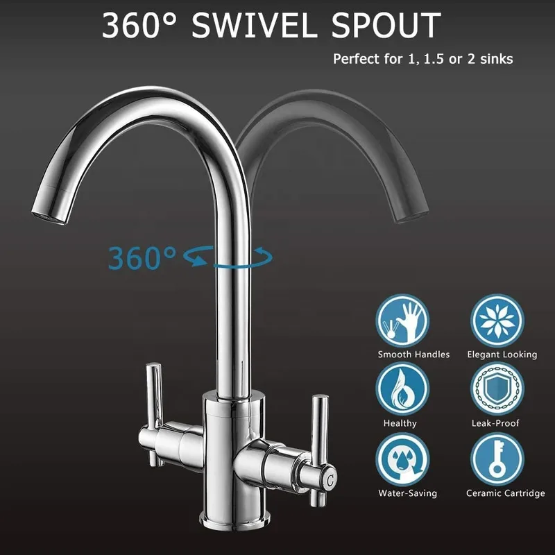 Chrome Swan-Neck Kitchen Mixer with Two Handles – photo 3