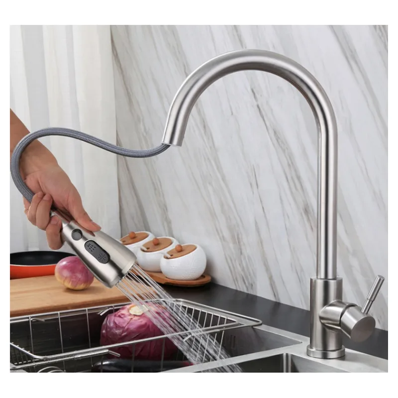 Brushed Pull-Down Kitchen Tap Sprayer with Grey Hose