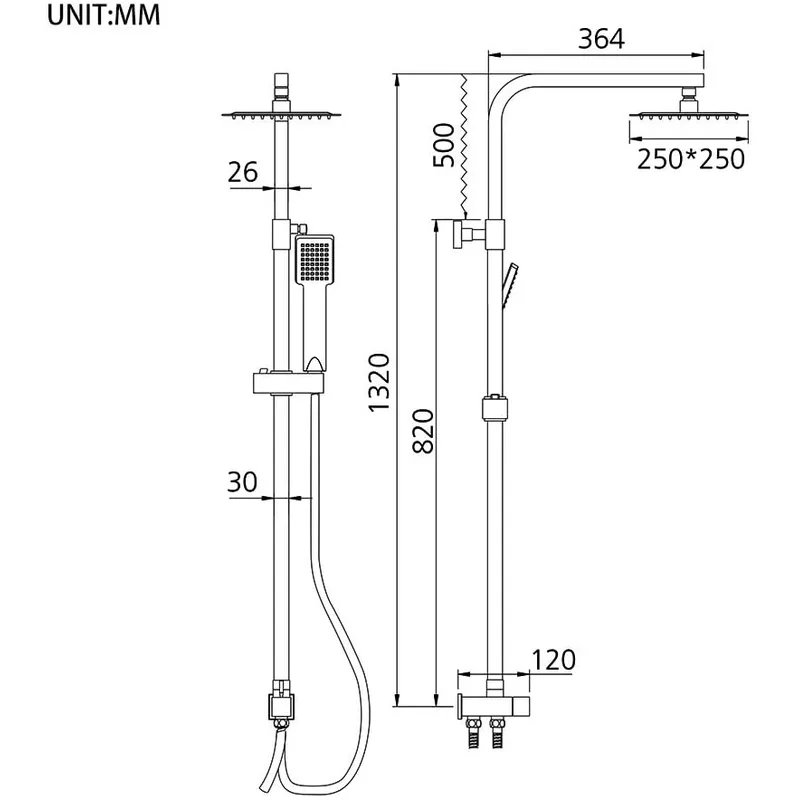 Square Rain Shower Kit with Wall Arm, Hand Shower and Hose – photo 4