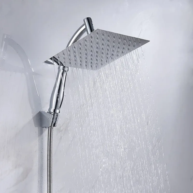 Square Rainfall Shower Head with Hand Shower on Wall Arm
