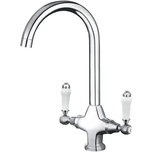 Traditional Chrome Swan-Neck Kitchen Mixer with White Lever Handles
