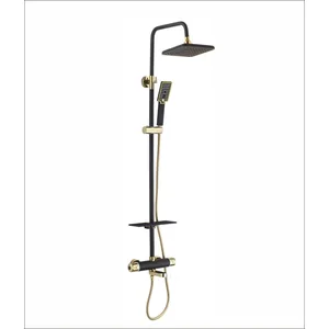 Black and Gold Exposed Shower Column with Square Rain Head and Mixer