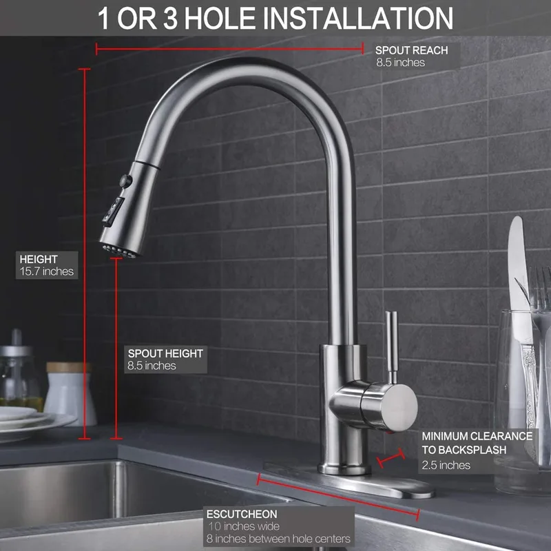 Brushed Pull-Down Kitchen Faucet with Escutcheon, 1- or 3-Hole Installation