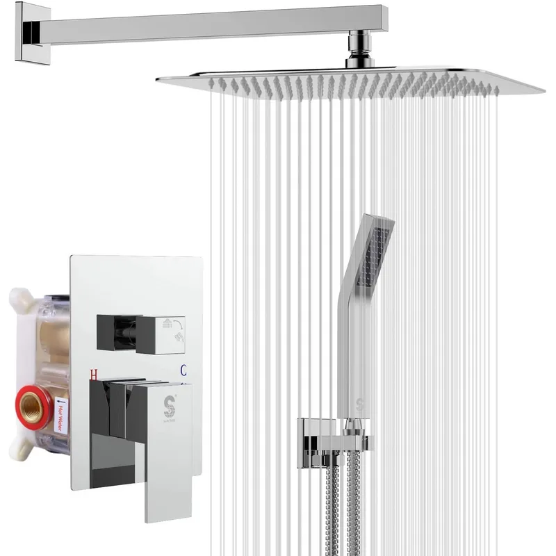 Chrome Concealed Shower System with Square Rain Head and Hand Shower