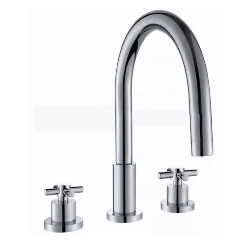 Chrome Three-Hole Basin Mixer with Cross Handles and Swivel Gooseneck Spout – photo 2