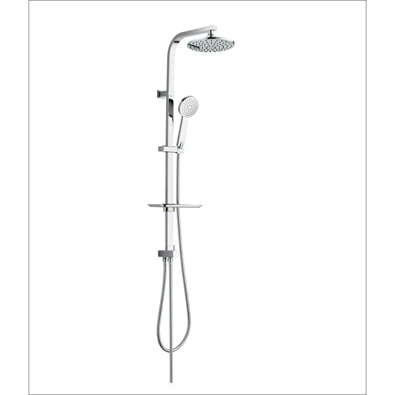 Chrome Shower Column with Round Rain Head, Hand Shower and Soap Dish – Curved Arm