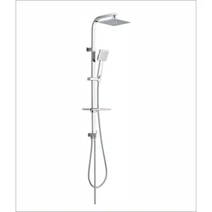 Chrome Shower Column with Square Rain Head, Square Hand Shower and Shelf