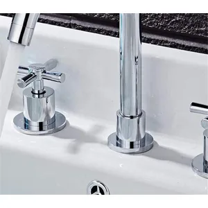 Chrome Three-Hole Basin Mixer with Cross Handles and Swivel Gooseneck Spout – photo 3