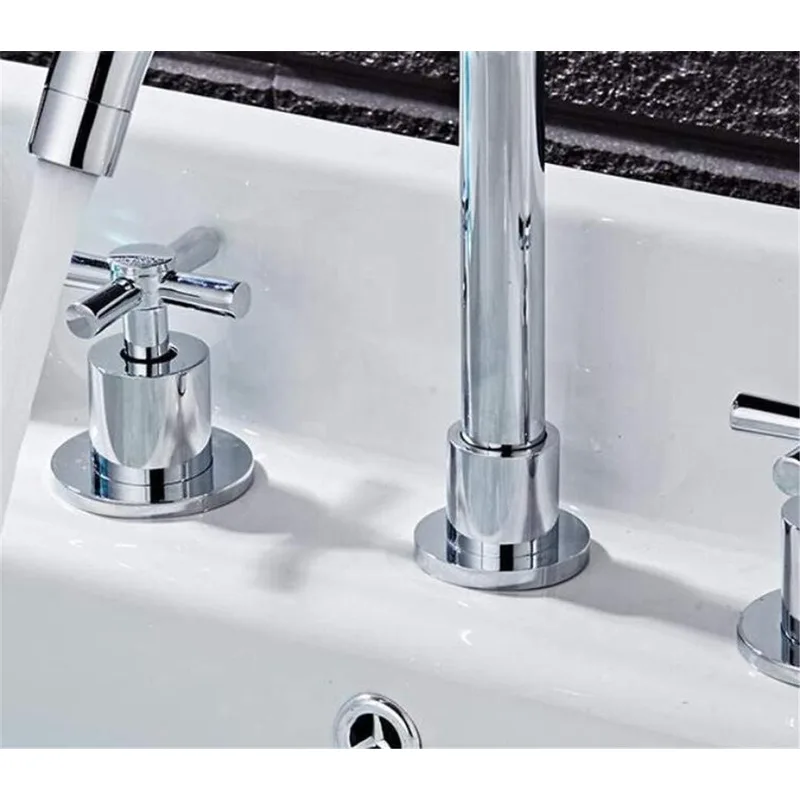 Chrome Three-Hole Basin Mixer with Cross Handles and Swivel Gooseneck Spout – photo 3