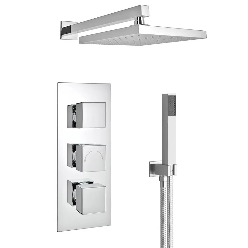 Chrome Concealed Shower Set with Wall-Mounted Rain Head, Hand Shower and Triple-Control Valve – photo 2