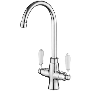 Chrome Swan-Neck Kitchen Mixer with Two White Lever Handles