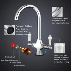 Traditional Chrome Swan-Neck Kitchen Mixer with White Lever Handles – photo 2