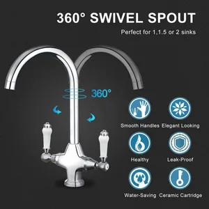 Traditional Chrome Swan-Neck Kitchen Mixer with White Lever Handles – photo 4