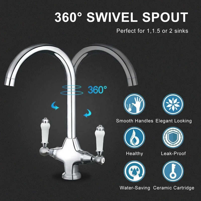 Traditional Chrome Swan-Neck Kitchen Mixer with White Lever Handles – photo 4