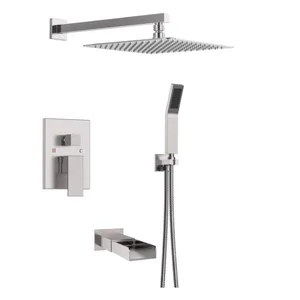 Brushed Concealed Shower System with Square Rain Head, Hand Shower and Bath Spout