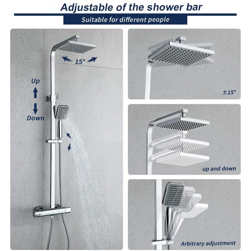 Chrome Adjustable-Height Shower Column with Square Rain Head and Mixer