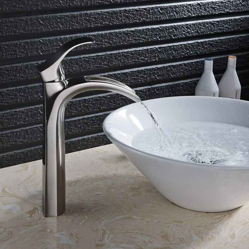Brushed Tall Vessel Basin Mixer with Curved Spout